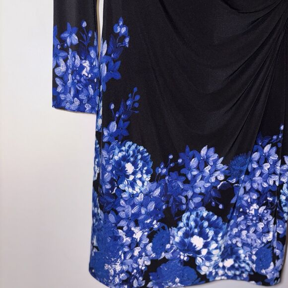 Lauren Ralph Lauren Dress Women's Black Blue Floral Long Sleeve Ruched Size 10P - Picture 5 of 12